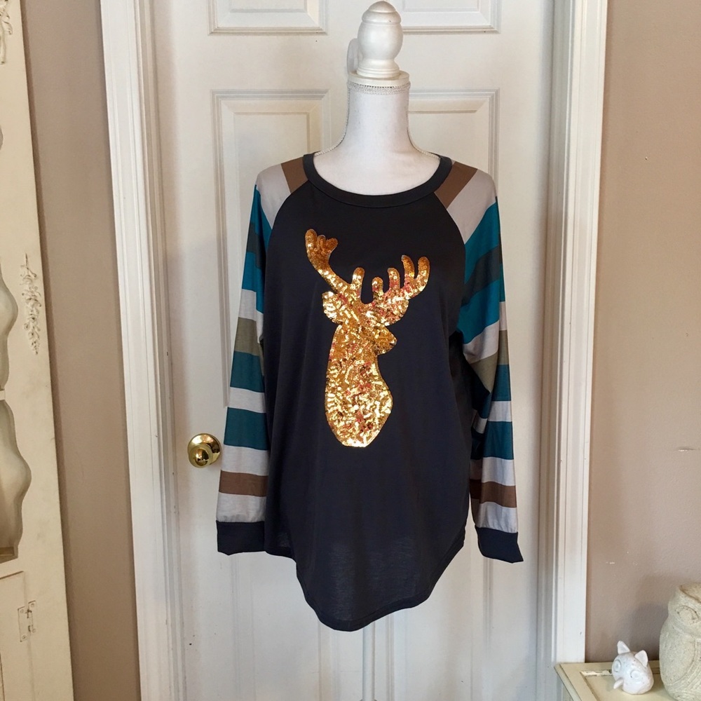 Glitter Reindeer Top Grey